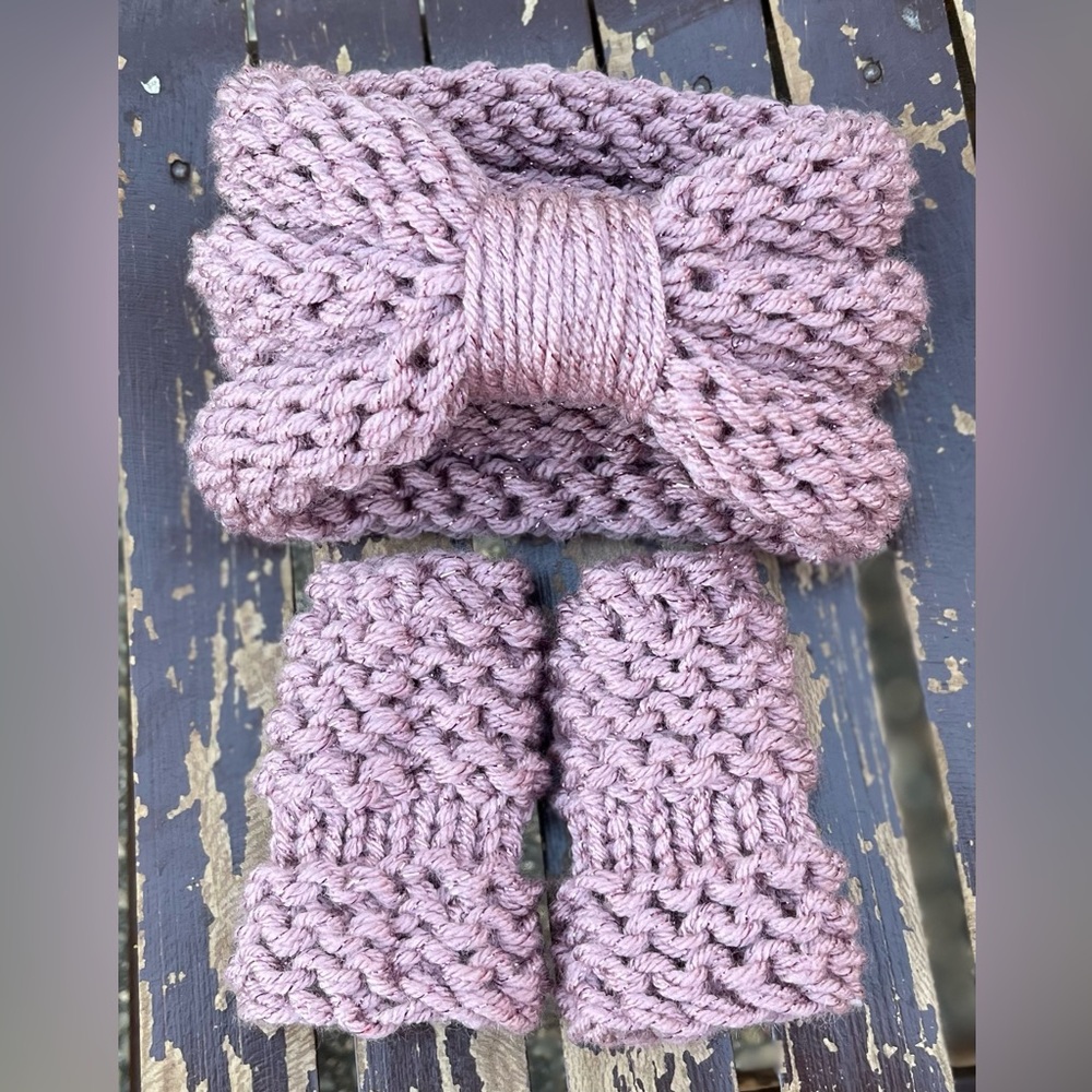 Hand Crafted Knit Baby Headband and Mittens set 0-3 months Sparkly Rose